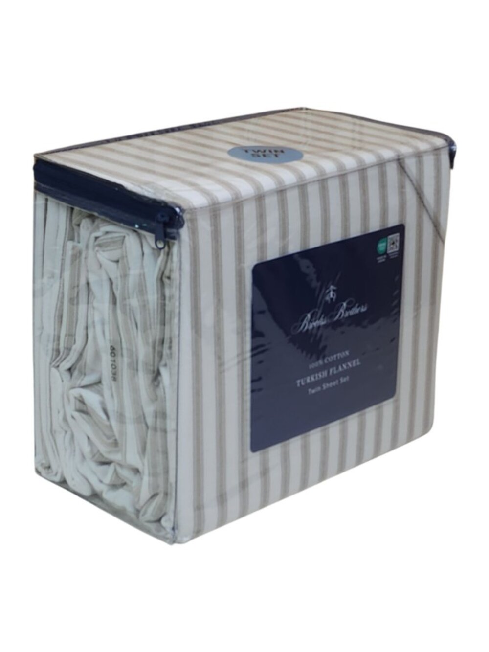 Brooks Brothers Turkish Flannel Twin Sheet Set 100% Cotton Striped Beige - Picture 2 of 6